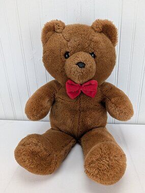 Vintage Dakin Brown Teddy Bear Plush 20" Stuffed Animal 1986 Red Bowtie Fun Farm